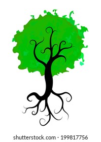 green tree with roots isolated on white background, vector illustration