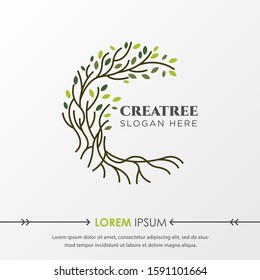 Green Tree and roots logo design vector isolated on grey background, Vector illustration silhouette of a tree with round shape.