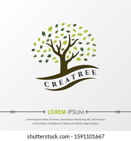 Green Tree and roots logo design vector isolated on grey background, Vector illustration silhouette of a tree with round shape.