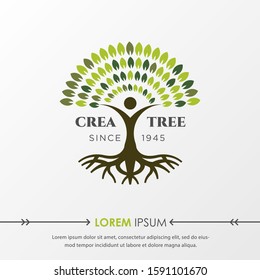 Green Tree and roots logo design vector isolated on grey background, Vector illustration silhouette of a tree with round shape.