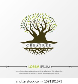 Green Tree and roots logo design vector isolated on grey background, Vector illustration silhouette of a tree with round shape.