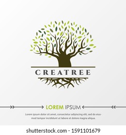 Green Tree and roots logo design vector isolated on grey background, Vector illustration silhouette of a tree with round shape.