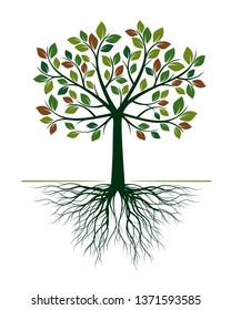 Green Tree with Roots on white background. Vector Illustration. Isolated object.