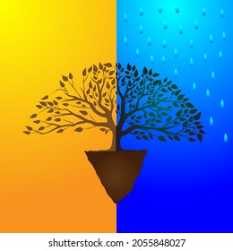 Green Tree with Roots. two seasons, the rainy season and the dry season. Vector Illustration.