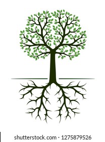 Green Tree and Roots. Vector Illustration. Plant and Garden.
