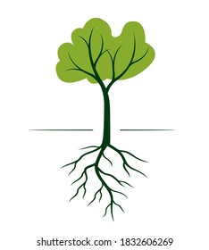 Green Tree with Roots. Vector outline Illustration. Plant in Garden.