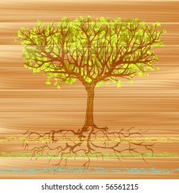 Green tree with its roots visible painted over a wooden board (AI-optimized EPS 8 file, the background grain is fully drawn and can be used separately)