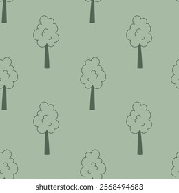 Green Tree Seamless Pattern. Hand drawn simple woodland background. Environment, Deciduous forest, Grove repeat vector illustration in doodle style