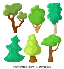 Green tree set in cartoon style. Summer tree vector clipart on white background. Natural clip art with summer landscape elements. Blooming green tree crown and brown trunk. Game scenery wood detail