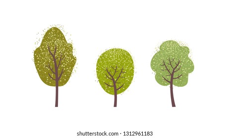 Green Tree set. Doodle trees isolated on white background