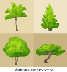 Green tree set  formed by triangles, polygon vector illustration