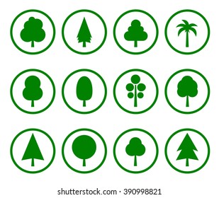 green tree set isolated round icons on white background