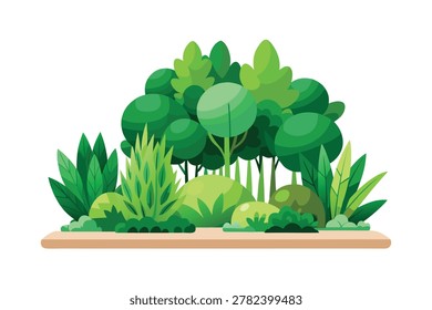 Green Tree and Shrub Vector Illustration Isolated on White Background