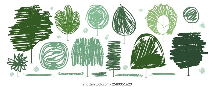 Green tree silhouette bush shrubbery in summer landscape simple abstract vector crayon illustration. Pastel chalk, pencil textures design, handwritten lines, colorful scribble element. Doodle icon set