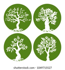 Green tree silhouette icon set. Nature tree green in round emblems collection. Vector illustration