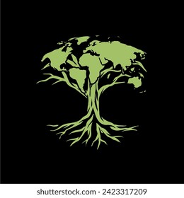 Silueta verde arbórea con logo de raíces. raíces de banyan tree. planta de manglar. Ilustración del mapa del mundo en forma de árbol.
