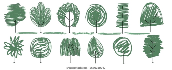 Green tree silhouette simple flat vector illustration. Bush, shrub, grass. Abstract design using pencil or crayon brush stroke, organic, nature landscape icon. Eco element, foliage silhouette, ecology