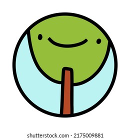 Green tree smiling hand drawn vector icon logotype in cartoon doodle style kids nature