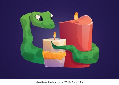 Green tree snake with festive aromatic decorative candles. Symbol of Chinese New Year 2025. Vector isolated cartoon Christmas illustration.