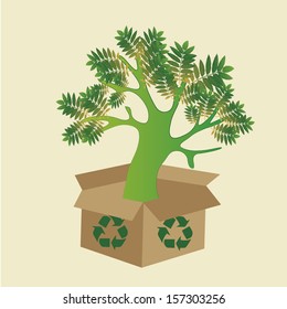 a green tree with some leafs coming out from a box