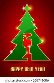 Green tree with a star on a red background Happy New Year
