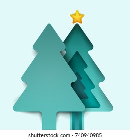 Green tree with star in paper cut trendy craft cartoon style. Christmas, new year modern design for advertising, branding, background, greeting card, cover, poster, banner. Vector illustration.