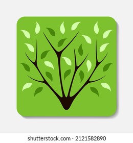 Green tree. Stylized brown branch with green leaves on green background. Best for web, print, logo creating and branding design.