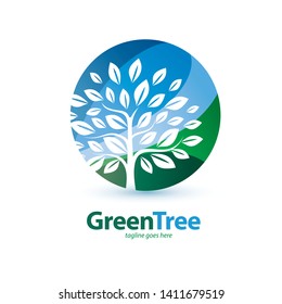 símbolo con estilo de árbol verde, logotipo o plantilla de emblema, concepto de entorno ecológico