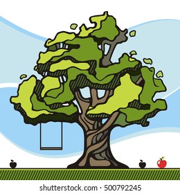 Green tree with a swing. landscape. Abstract background. Vector illustration