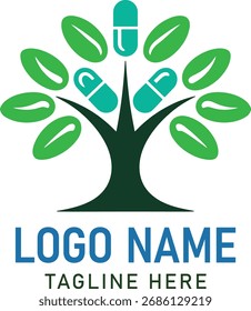 Árvore verde com cápsulas negras como folhas e vetor de logotipo de tronco escuro