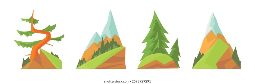 Green Tree with Trunk on Rock or Mountain Landscape Vector Set