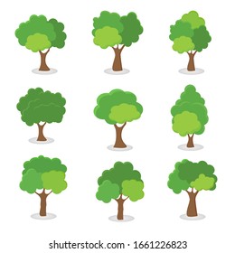 Árbol verde, Variedad de formas en el fondo blanco, Conjunto de varios conjuntos de árboles, Árboles para decorar jardines y diseños domésticos.Icono e ilustración vectorial