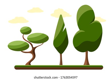 Grüner Baum, verschiedene Formen auf weißem Hintergrund, verschiedene Baumsets für Handyspiele. Bäume Auswahl für die Dekoration von Gärten und häuslichen Designs. Flacher Cartoon bunter Vektorgrafik.