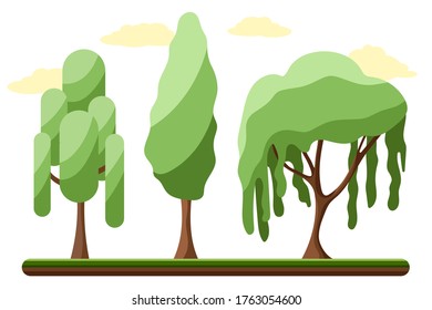 Green tree, variety of forms on the white background, set of various tree sets for mobile games. Trees selection for decorating gardens and home designs. Flat cartoon colorful vector illustration.