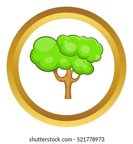 Green tree vector icon in golden circle, cartoon style isolated on white background