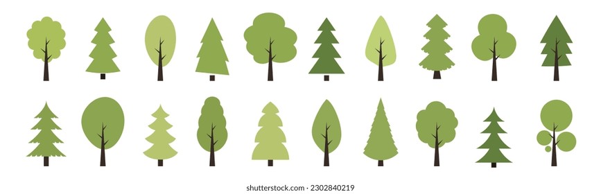 Green tree vector icon set. Wood with leaf natural collection in flat style. Tree simple different logo design elements. 