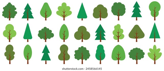 Conjunto de iconos de Vector verde. Conjunto de árboles planos, pinos, abetos, coníferas. Tres sencillos Elementos de diseño de logotipo diferentes. Ilustración vectorial