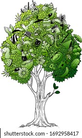 Grüner Baum. Vektorillustration. Doodles.
