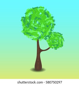 Green tree vector illustration with hand-painted leaf crown. Handdrawn tree with shadow. Summer tree with branches and leaf in cartoon style. Tall tree with round greenery. Forest element. Earth day