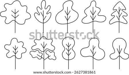 Green tree vector line art set. Wood with leaf natural collection outline style. Simple tree design elements.