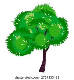Green tree with voluminous fluffy crown is strewn with light flowers. Symbol of life, longevity and the awakening of nature. Spring riot of colors in the awakening of nature. Vector isolated object on white background