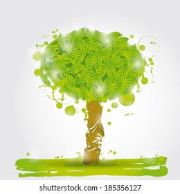 Green tree watercolor stains on a white background. Ecology Concept. vector