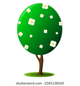 Green tree with white flowers on a white background. Flowering tree. Tree in cartoon style. Green leaves, white flowers. Flat vector illustration. EPS10