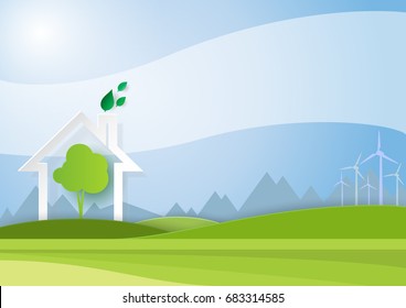 Green tree in white house icon with nature landscape paper art style.Save the world concept design with green living together with nature.Vector illustration.