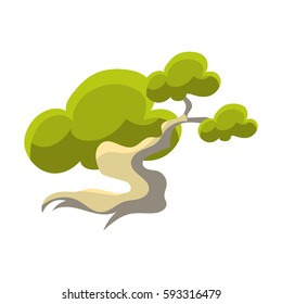 Grüner Baum mit weißem Stamm Bonsai Miniatur Traditionelle Japanische Gartenlandschaft Element Vektorgrafik