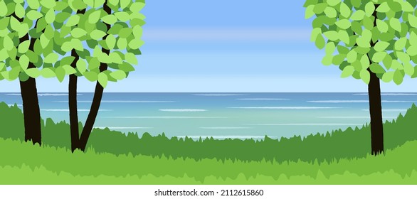 Green treees with green grass on the blue water coast, beautiful summer day on the beach.