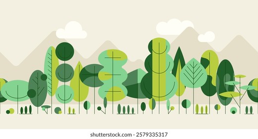 Green trees bauhaus abstract border in geometric style. Forest foliage plants in row. Mixed wood panorama with stylized trunks and crowns. Seamless horizontal pattern