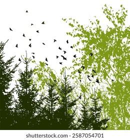 Green trees and birds nature. hand drawing. Not AI Vector illustration.