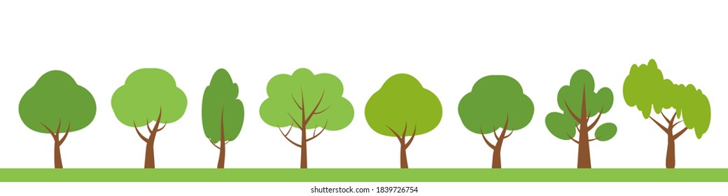 Green trees border background. Different shapes oak, birch. Flat cartoon nature forest line for banner, card, poster or advertising. Ecology natural landscape. Isolated on white vector illustration