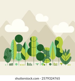 Green trees border in geometric style. Forest foliage plants in row. Mixed wood panorama with stylized trunks and crowns. Flat vector bauhaus abstract illustration of woodland